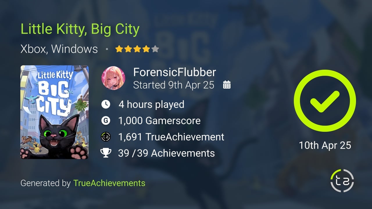Little Kitty, Big City achievement summary